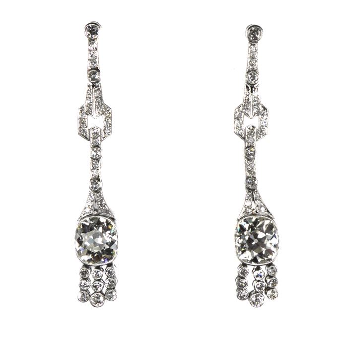 Pair of early Art Deco cushion cut diamond pendant earrings | MasterArt